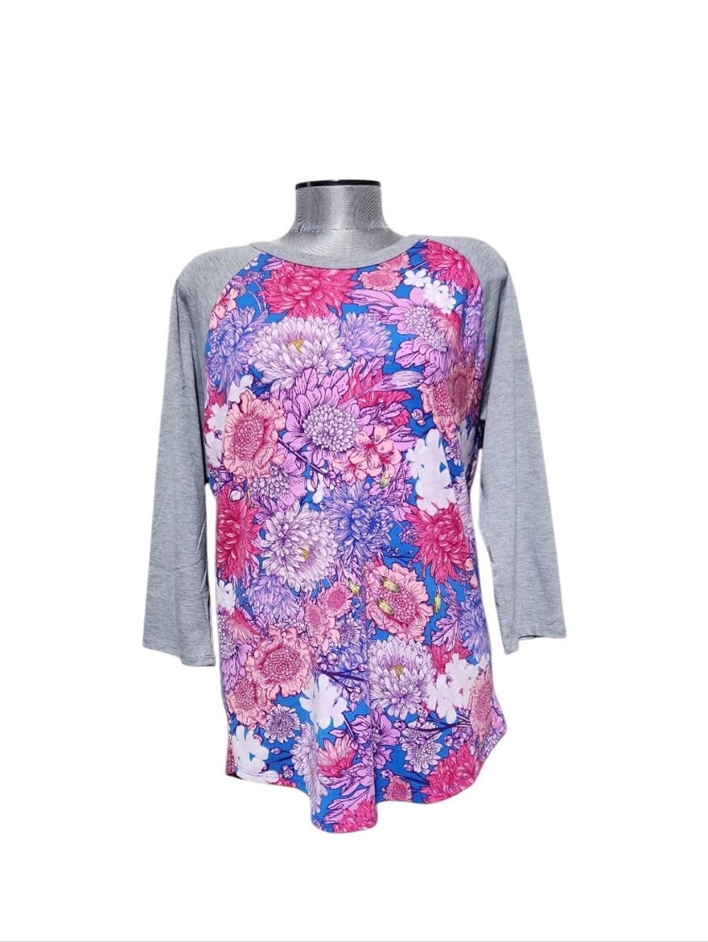 LuLaRoe Randy Vibrant Floral Print Top Grey Contrasting Raglan Sleeves (L)